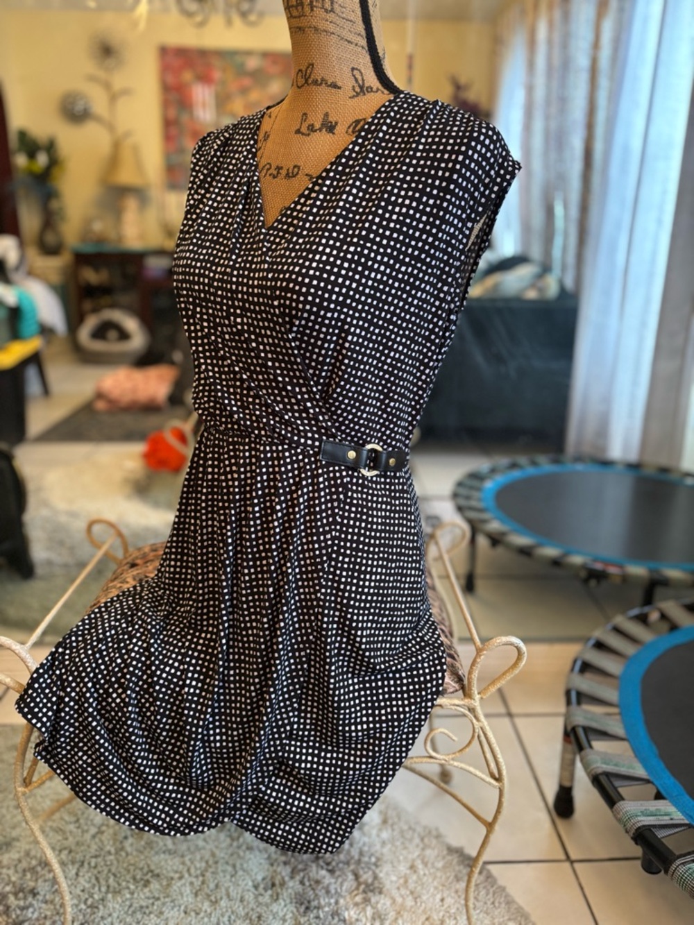 Michael Kors Black and White Polka Dot Faux-Wrap Midi Dress